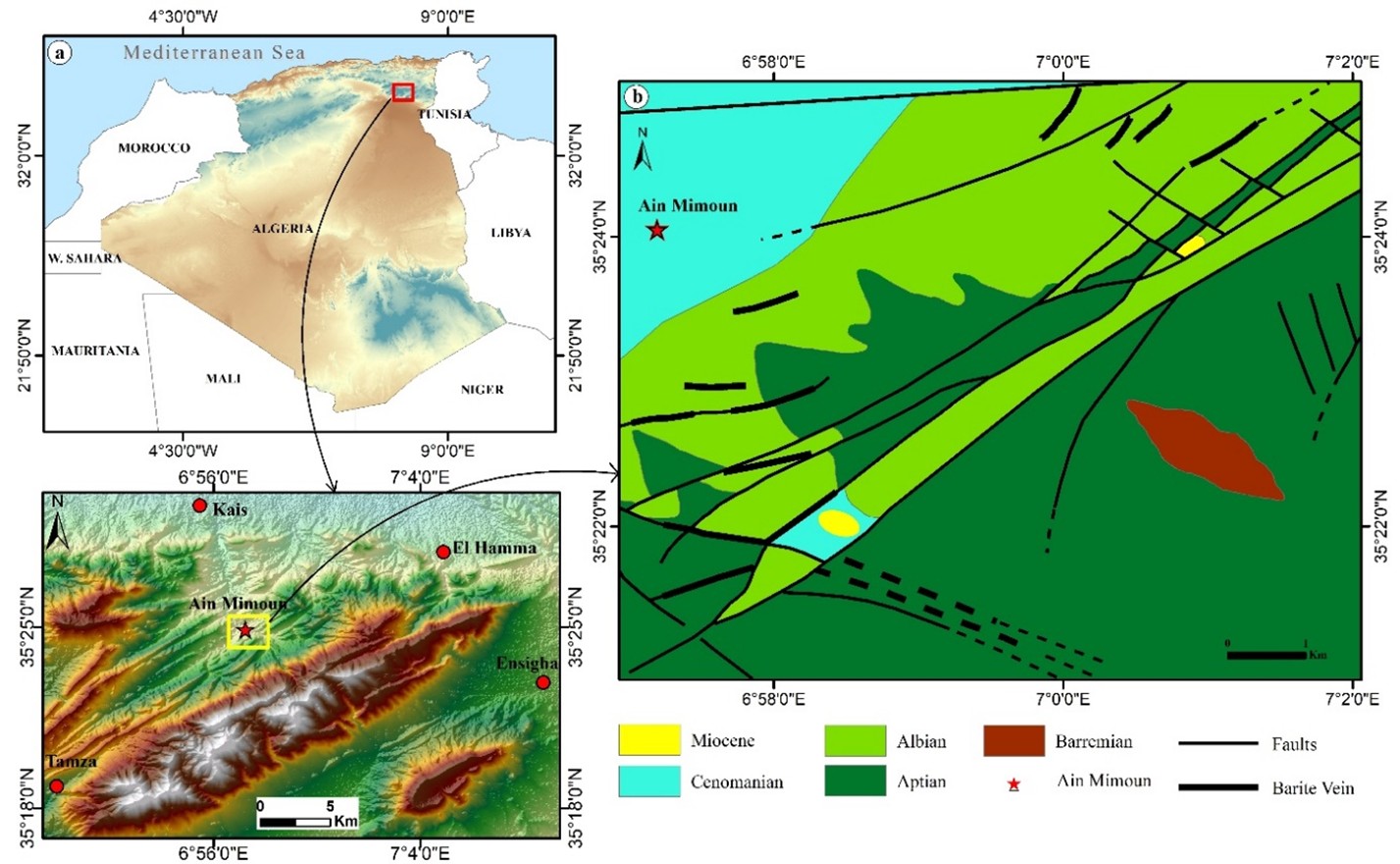 Figure 1. (a) Geographical location of the study area ; (b) Geological map of the Ain Mimoun region showing the location of the Mizab&rsquo;s deposit barite veins (Zedam et al., 2022).