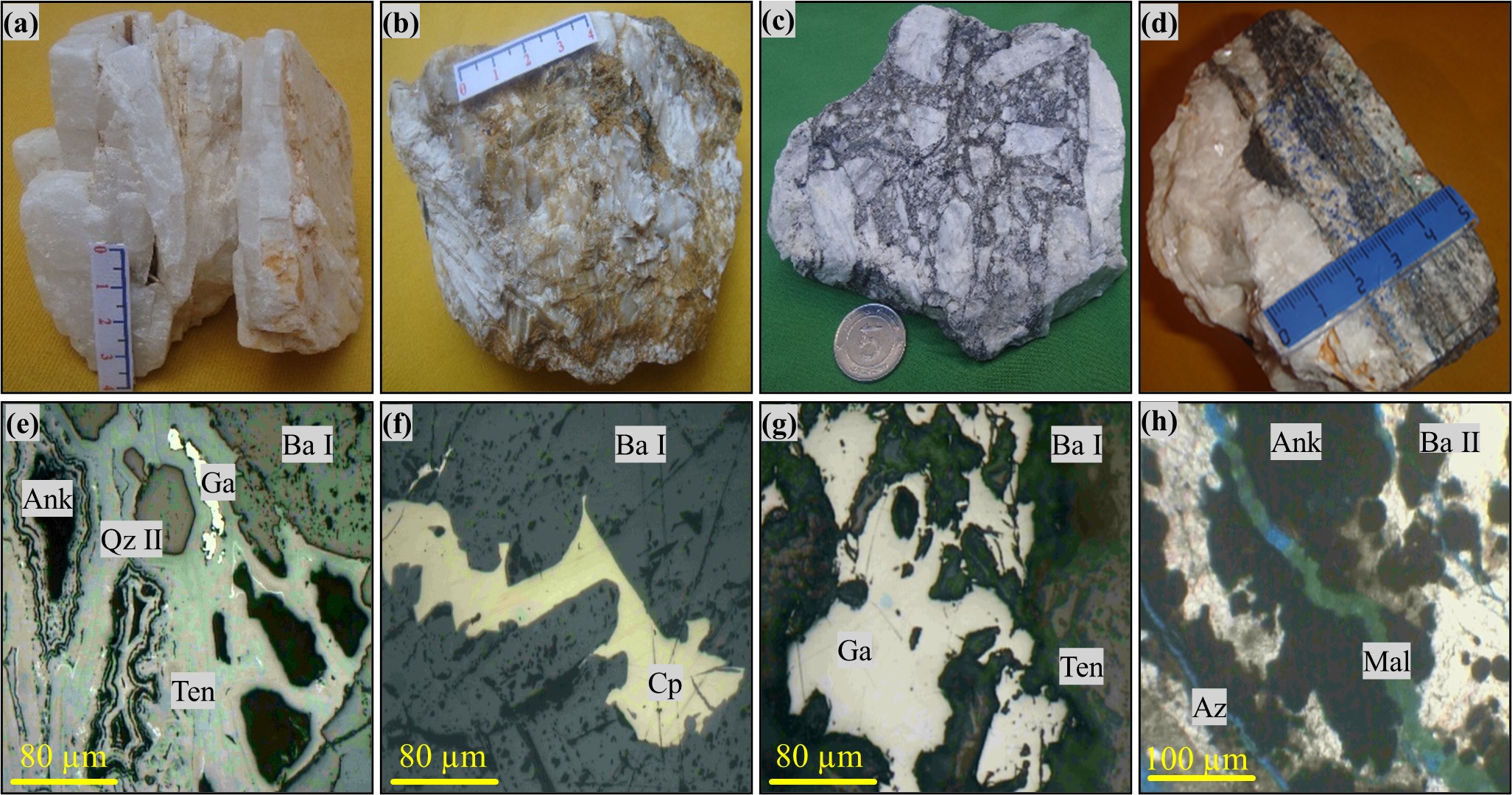 Figure 3. (a) Prismatic baryte (Vein 6) ; (b) Fibro-radiated baryte (Vein 15) ; (c) Brecciated texture of the barite (Ba II), with fragments cemented by a silicified dark dolomitic limestone, Vein 3 ; (d) Banded tennantite associated with baryte ; (e) Typical association : Ank &ndash; Ba I &ndash; Qz II &ndash; Ten &ndash; Ga (galena). SP31. F4/4. 10X05 ; (f) Irregular chalcopyrite (Cp) veinlet in a baryte I (Ba I). SP5. F3/2a. 10X05 ; (g) Intergrows of galena with tennantite (Ten) and baryte (Ba I). SP 22. F1/1. 10X05 ; (h) Microfractures in ankerite (Ank) and baryte II (Ba II) filled by azurite (Az) and malachite (Mal). LM F7/2 (LPAX4).