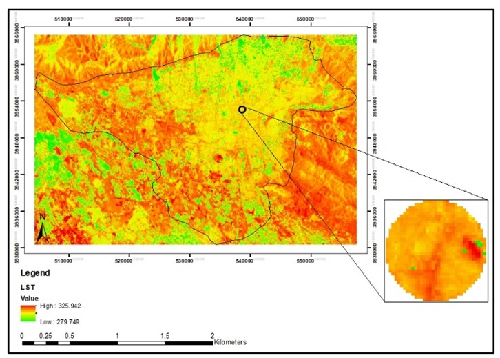 Figure 3. Land surface temperature map in Tehran and the study area (2015).