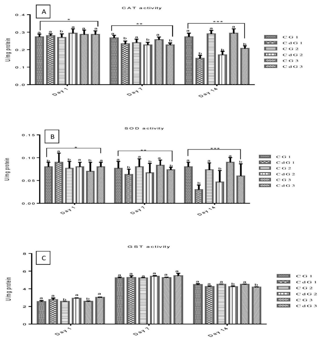 Figure 2. Changes in L. rohita enzymatic activity after exposure to Cd at different intervals. (A) Catalase (CAT) (B) Superoxide Dismutase (SOD) (C) Glutathione S-transferase (GST).