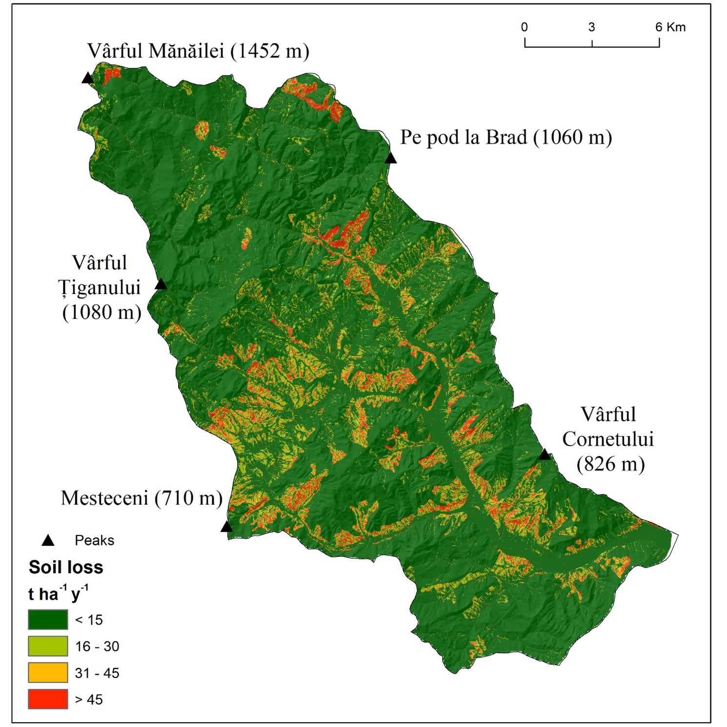Figure 4. Soil loss map in B&acirc;sca Chiojdului basin.