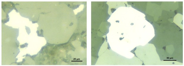 Figure 1. Nickelskutterudite (white, large) with small jacobsite relics, cobaltite (small prism, light yellow, right top corner), and jacobsite (large greenish), RL, NII, sample Rz601 (left); Nickelskutterudite (large white grain with jacobsite relics), jacobsite (light green), and sonolite (dark green), RL, NII, sample Rz80 (right).