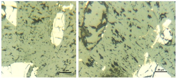 Figure 2. Arsenides/sulfarsenides (small, yellow, lacy grains near and above large white jacobsite top and left bottom) in rhodochrosite (green) (left); Arsenides/sulfarsenides (very small, yellow, white, lacy, rounded grains around large tephroite (top left) and jacobsite (right corner), and isolate small grains in rhodochrosite (right); RL, NII.