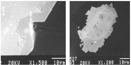 Figure 6. Backscattered electron image of zoned grain: rammelsbergite (L, light grey, left), gersdorffite (D, grey, rim) in sonolite (dark grey) (left); Backscattered electron image of irregularly zoned grain: maucherite with Cl (small rounded dark grey, centre, isolated nodules points 1-3) relics in two mixed phases: gersdorffite (white grey, point 4) and cobaltian gersdorffite (white, point 5), and on the rim gersdorffite (white grey, up and left, pct. 6) + manganoan gersdorffite (grey, bottom and right, point 7) (right); See their compositional variation in Table 1, sample Rz527.