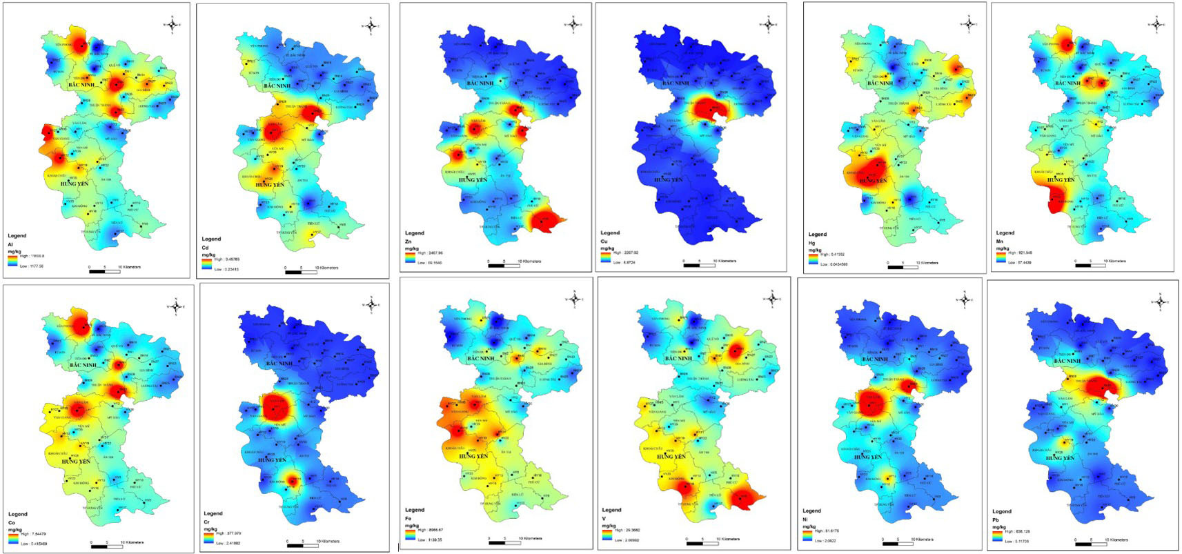 Figure 2. The spatial distributions of the content of PTEs in the moss samples collected in Bac Ninh and Hung Yen provinces, Vietnam.