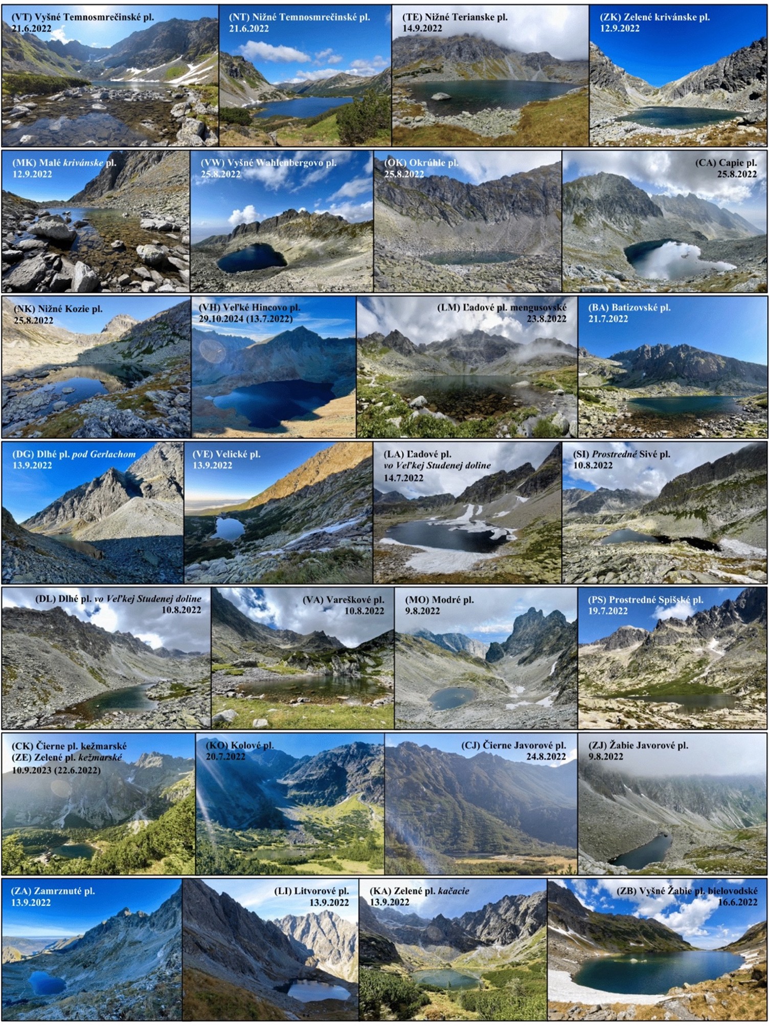 Figure 1. Photo documentation (for land cover analysis) of the studied 29 High Tatra Mts. lake-catchment systems taken during fieldwork (Hrivn&aacute;kov&aacute; & Čajkov&aacute;, summer season 2022). &lsquo;pl.&rsquo; (pleso). The higher quality photos of VH, CK and ZE used were taken on different dates.