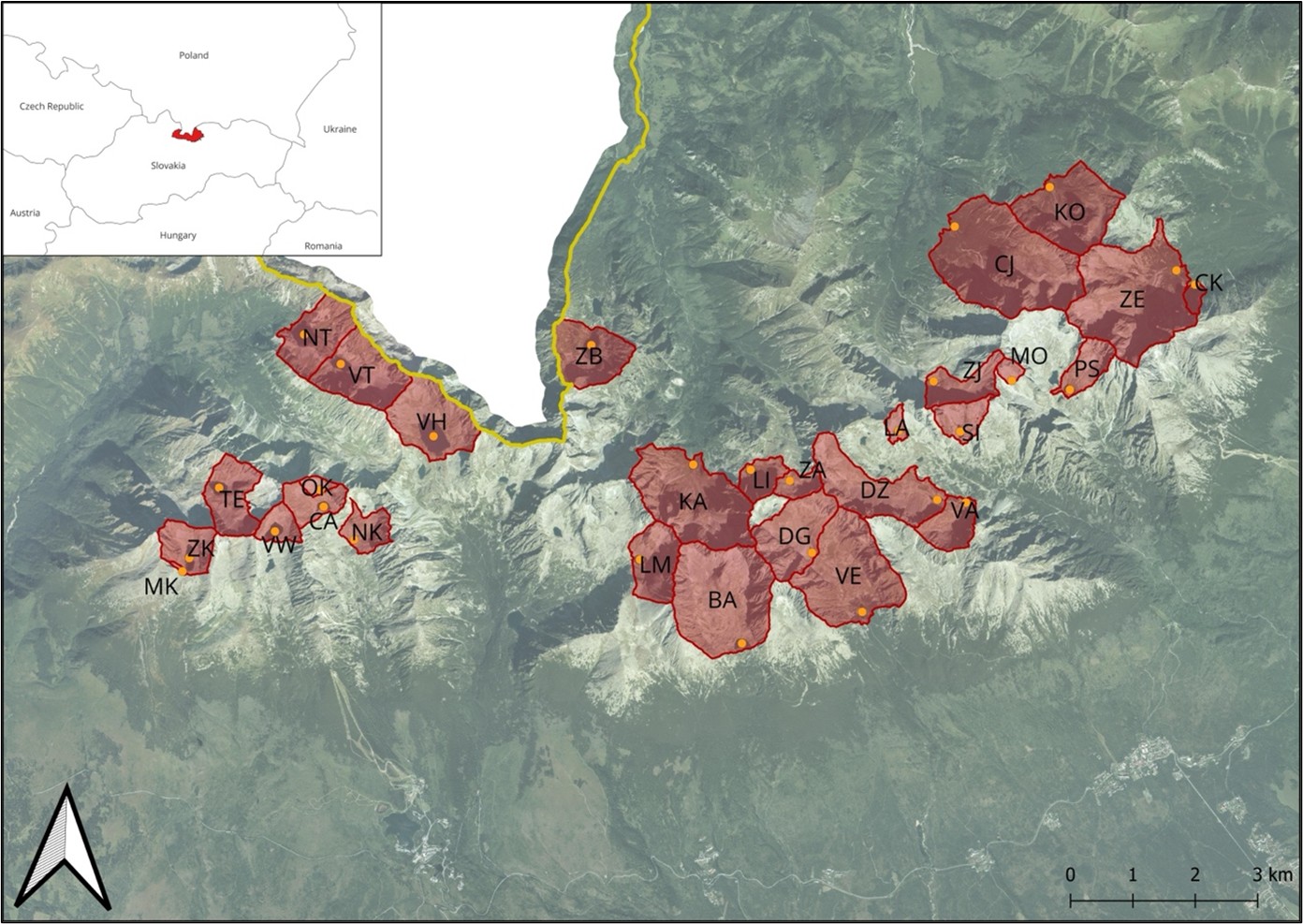 Figure 2. Location of Tatra Mts. and study area of 29 lake-catchment systems (map source: Esri Imagery Satellite). The names of the lakes and detailed information on their geographical location and characteristics are given in Table 1.