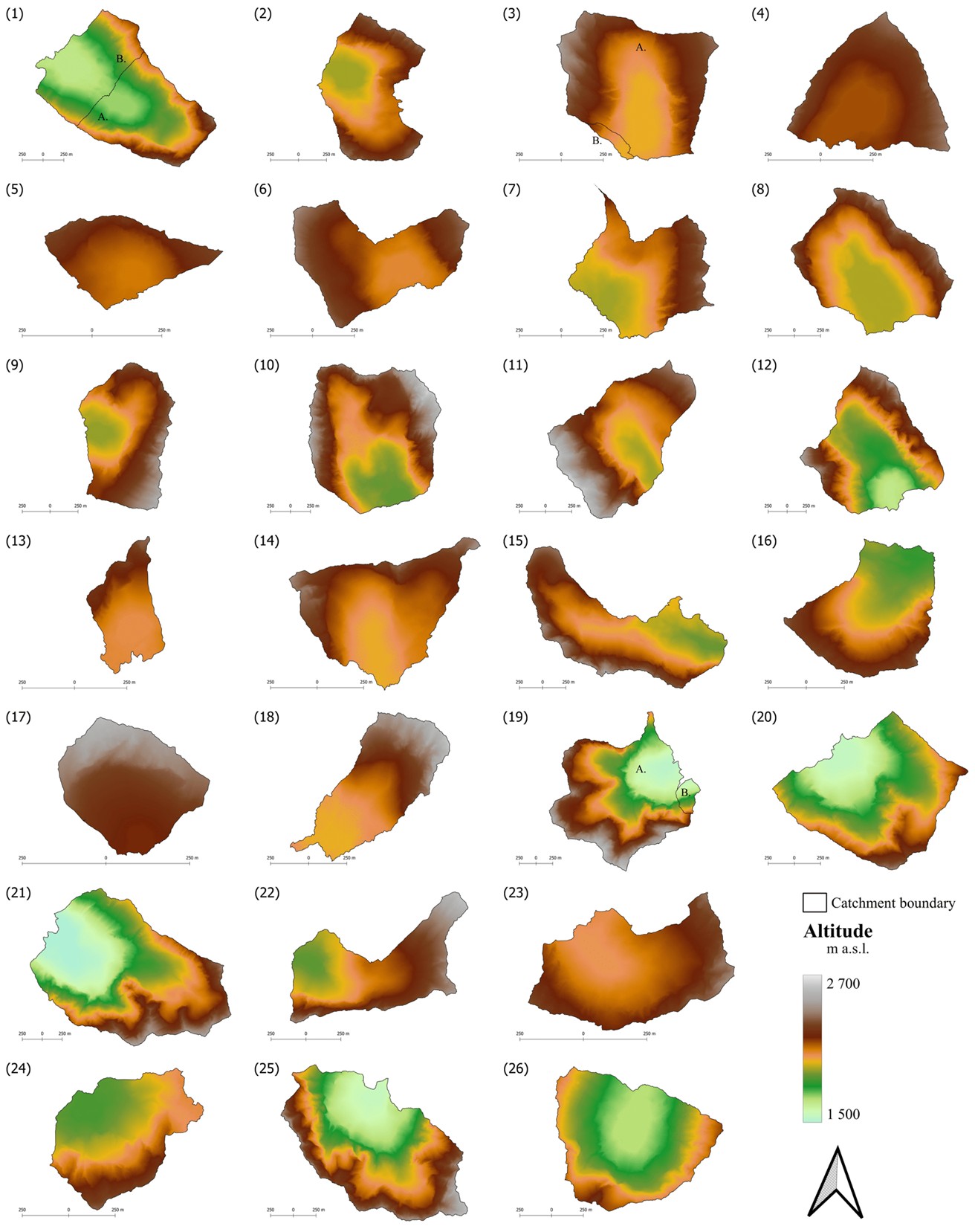 Figure 3. Spatial distribution of altitude for study 29 lake catchments in High Tatra Mts.