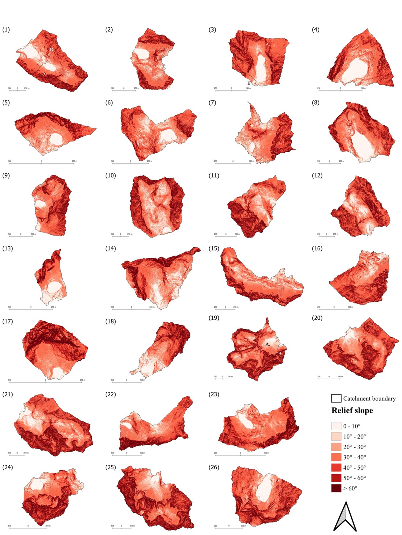 Figure 4. Spatial distribution of relief slope for study 29 lake catchments in High Tatra Mts.