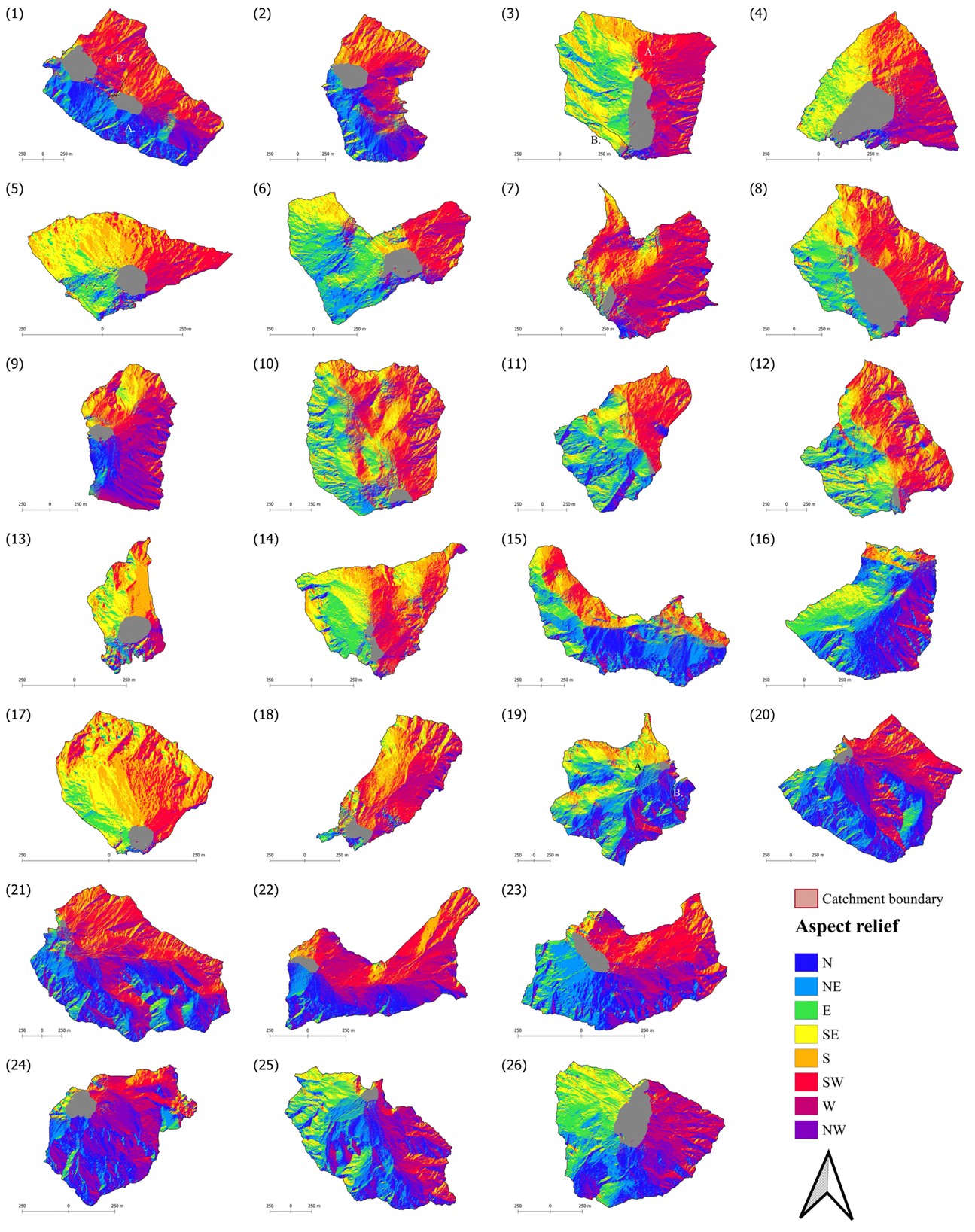 Figure 5. Spatial distribution of aspect relief for study 29 lake catchments in High Tatra Mts.