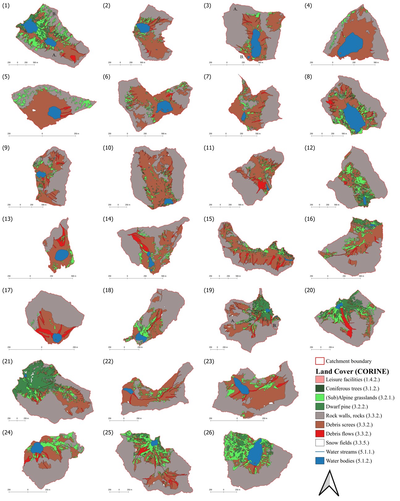 Figure 6. Spatial distribution of land cover characteristics for study 29 lake catchments in High Tatra Mts.