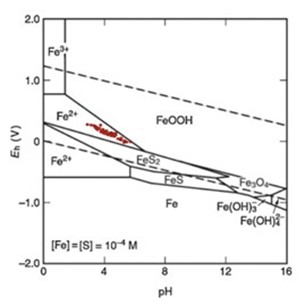 Figure 14. Eh&ndash;pH stability diagram for Fe-S-H2O system at 25&deg;C (Osseo-Asare et al., 1984).