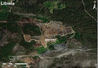 Figure 3. The area of the mining area of the Cu-deposit Libiola with the border of the dump-field.
