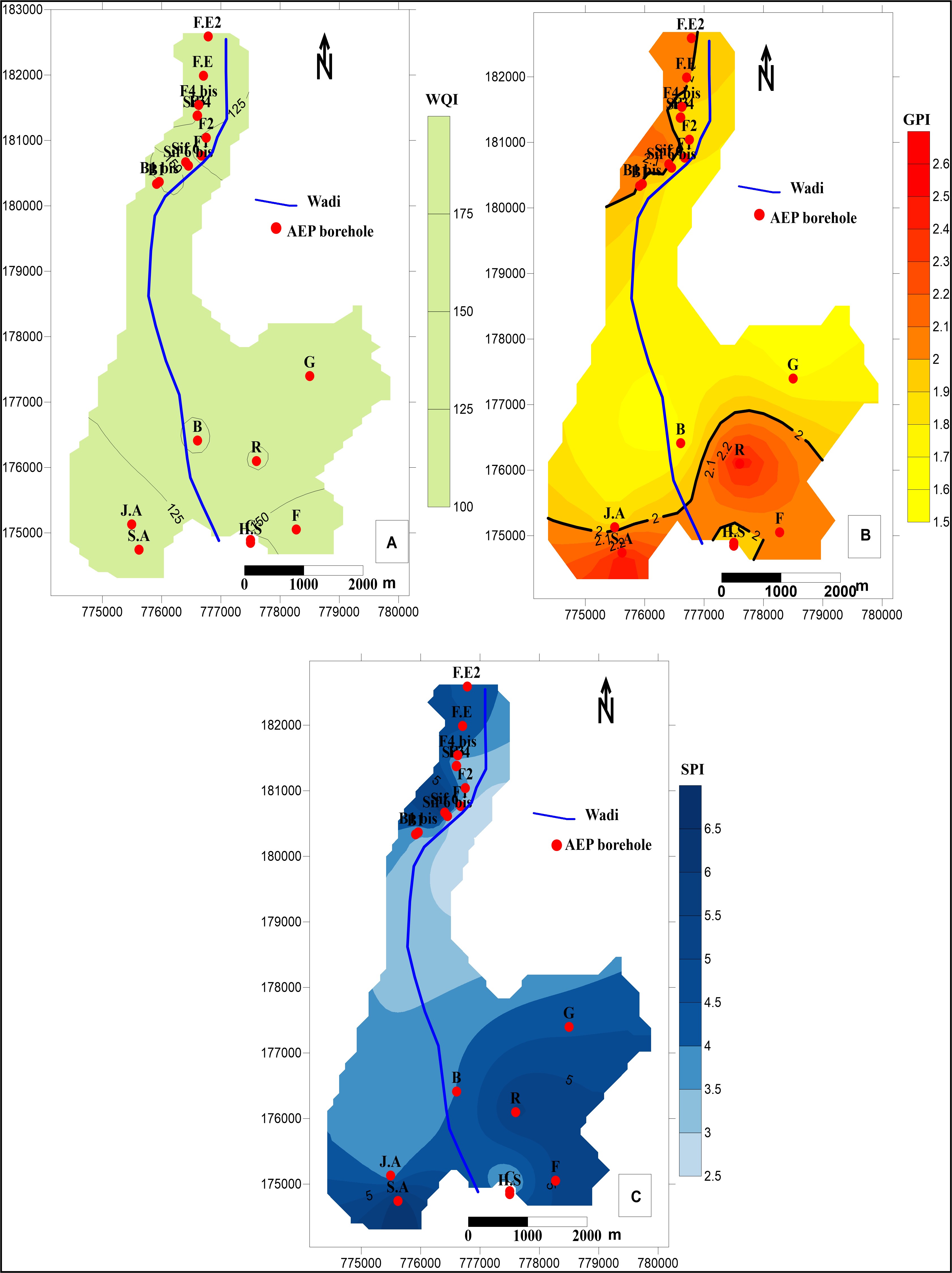 Figure 4. Spatial distribution map of in the Biskra region: (A): Water Quality Index (WQI); (B): Groundwater Pollution Index (GPI); (C): Sulfate Pollution Index (SPI).