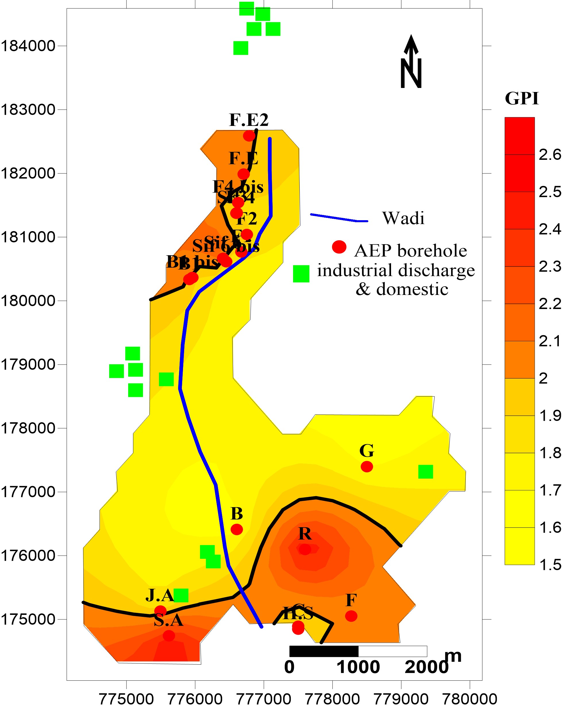 Figure 5. Superposition of the waste inventory map with the Groundwater Pollution Index (GPI) map.