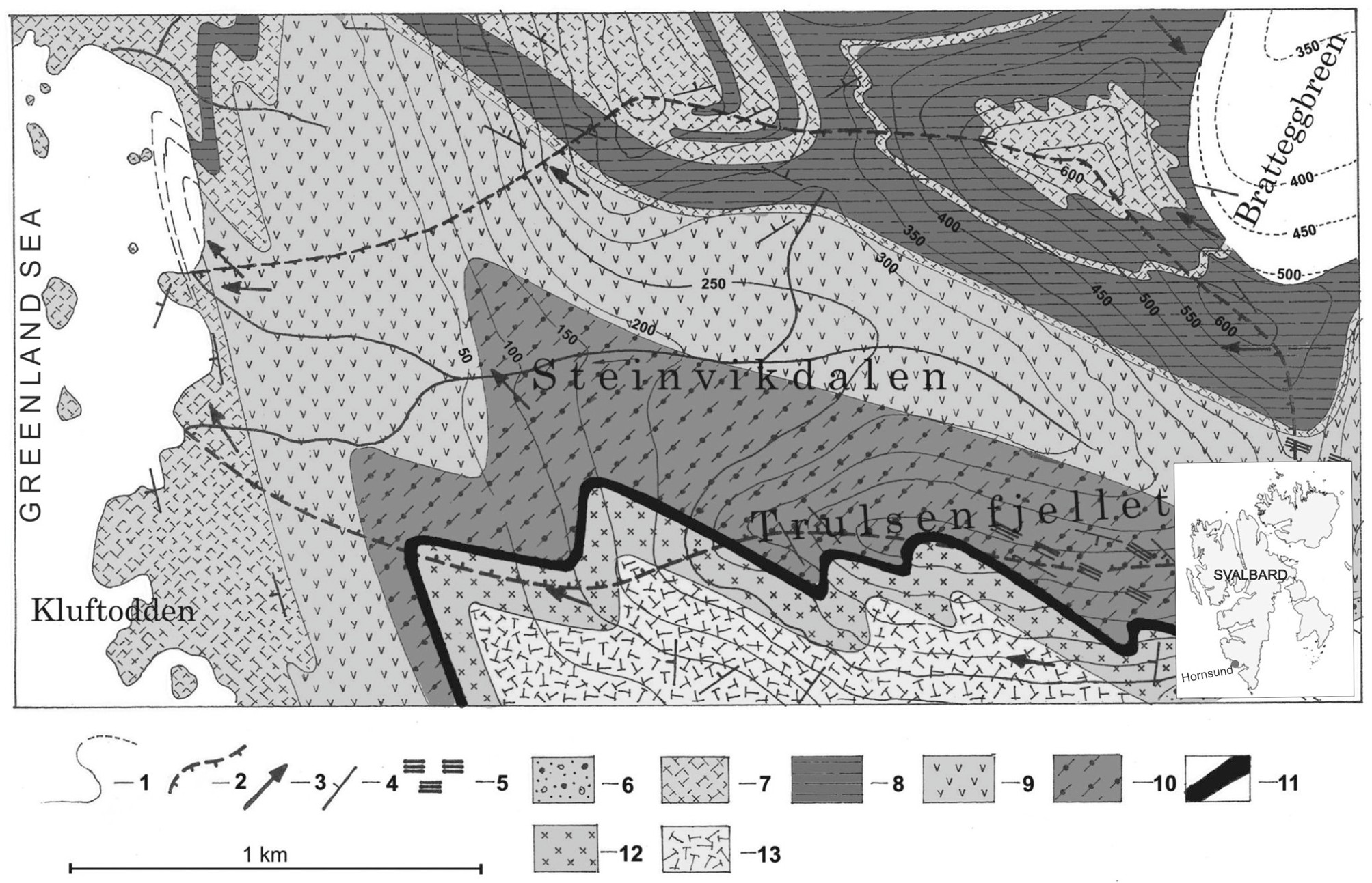 Figure 1. Geological structure of the Steinvik catchment area (adapted from Czerny et al., 1993). Where: 1 &ndash; geological boundaries, 2 &ndash; water catchment border, 3 &ndash; minor folds&rsquo; axes, 4 &ndash; bedding planes, 5 - main retrograde alteration zones, 6 &ndash; moraines (Q), metamorphic fomations (Pt): 7 &ndash; white or green quartzites, 8 &ndash; mica schists with intercalations of amphibolities, metarhyolites, quartzites and laminated quartz-feldspar schists, 9 &ndash; amphibolites with anorthositic metagabbro enclaves, 10 &ndash; amphibolites, 11 &ndash; amphibolites with metagranitoid enclaves, 12 &ndash; white and green quartzite alternating with chlorite schists, and 13 &ndash; feldspar quartzites with interbedded amphibolites.