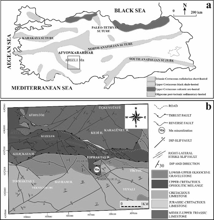 Figure 1. a. Classification and distribution of manganese deposits in Turkey according to lithological correlations and geological periods (&Ouml;zt&uuml;rk, 1997); b.  Detailed geological map of the study area (Based on MTA L25 B4 Sheet at a scale of 1:25,000, 2023; Yal&ccedil;ın, 2025).