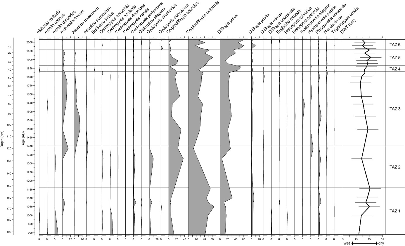 Figure 4. Testate amoebae relative abundance, depth to water table (DWT) and testate amoebae zone (TAZ).