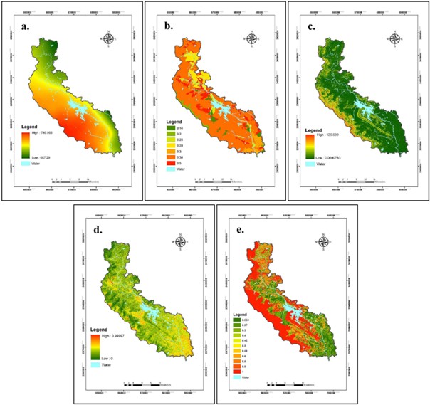 Figure 3. a. Rainfall erosivity factor (R); b. Soil erodibility factor (K); c. Topographic factor (LS); d. Cropping and management factor (C); e. Support practice factor (P).