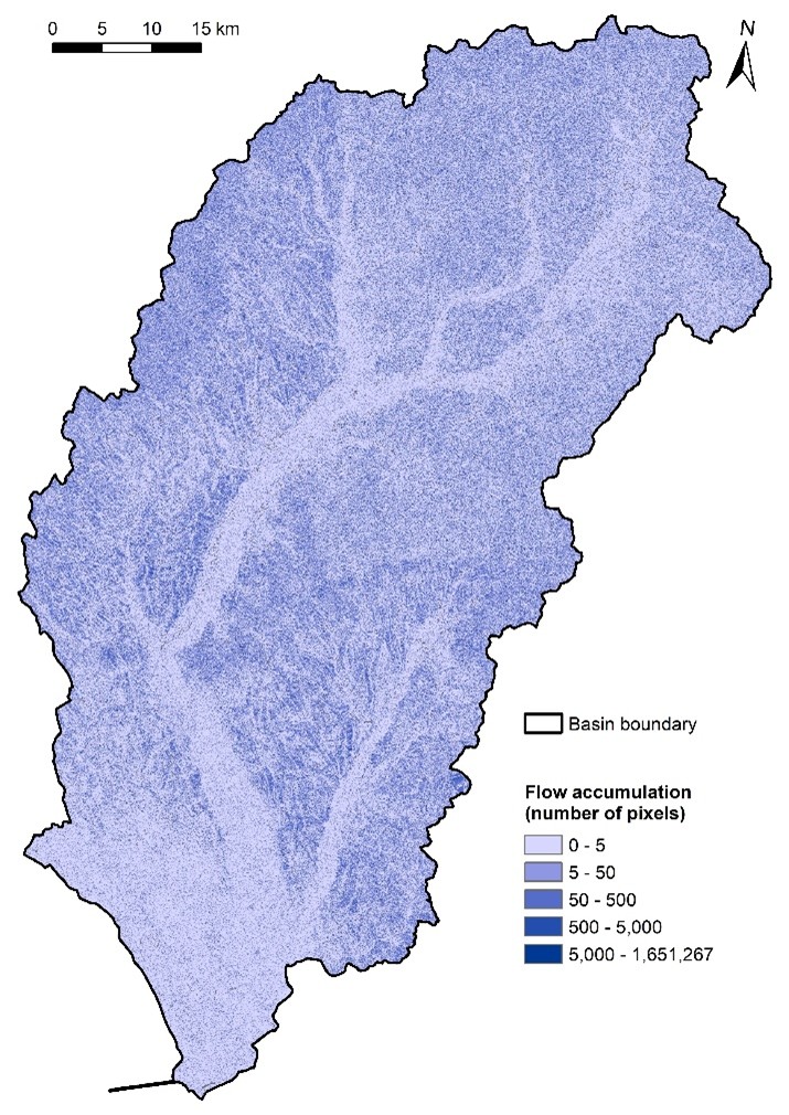Figure 3. Flow accumulation in the Nitra River Basin.