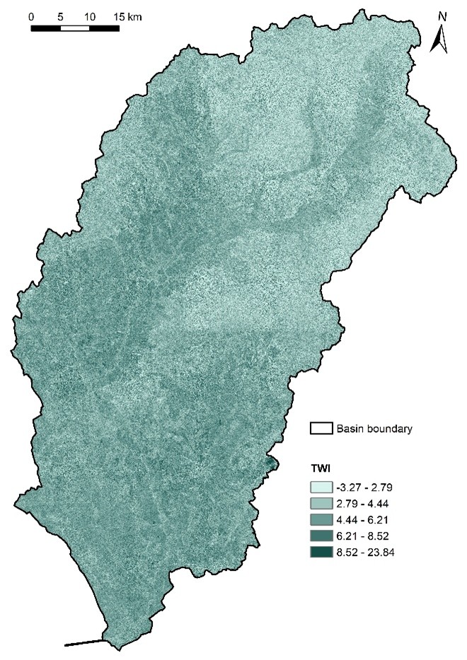 Figure 4. Original TWI in the Nitra River Basin.
