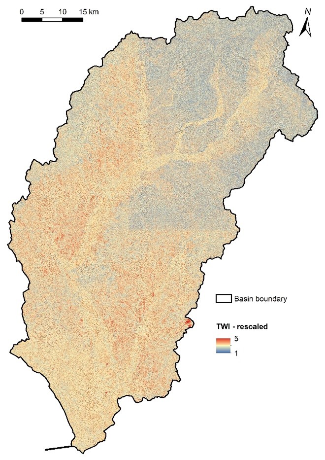 Figure 5. Rescaled TWI in the Nitra River Basin.
