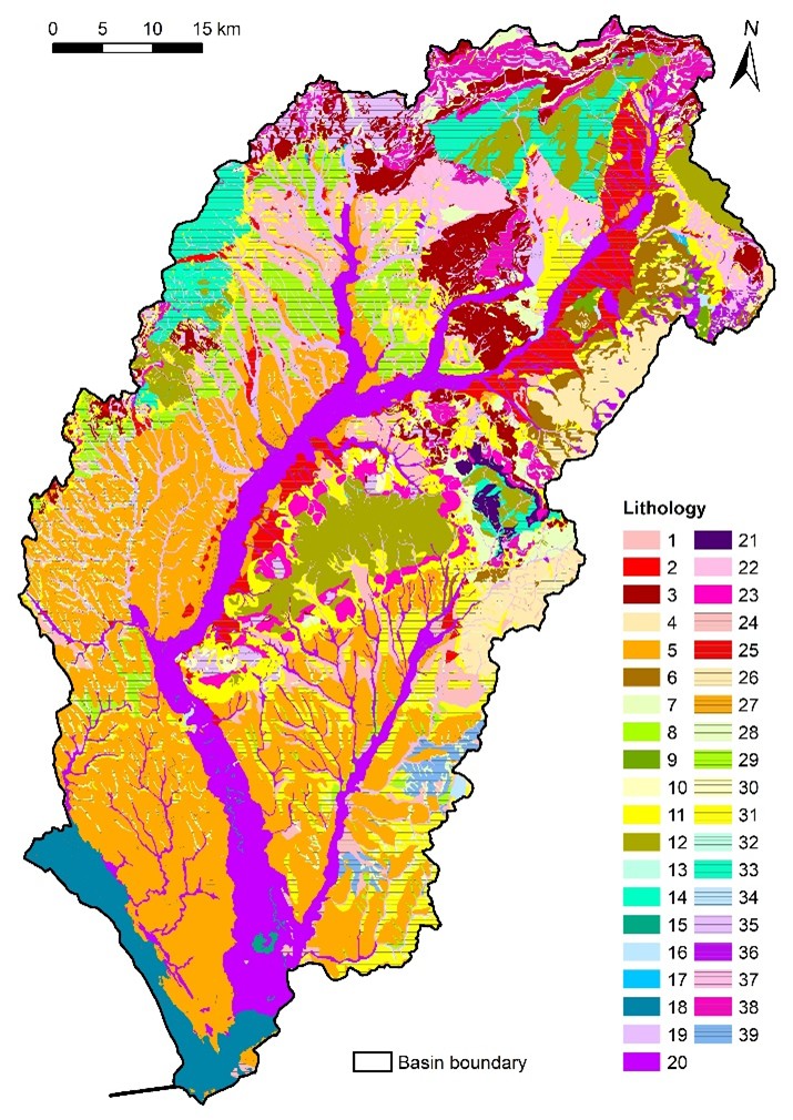 Figure 10. Original lithology in the Nitra River Basin: 1-deluvial sediments, 2-dislocated metamorphosed rocks, 3-dolomite rocks, 4-effusive rocks, 5-aeolian loess, 6-epiclastic rocks, 7-flyschoid rocks, 8-lacustrine and fluvio-lacustrine sediments, 9-fine-grained cohesive sediments, 10-carbonate and clastic rocks, 11-colluvial sediments, 12-magmatic intrusive sediments, 13-metamorphosed carbonates, 14-metamorphosed volcanics, 15-cut-off meanders, 16-waste deposits, 17-neogene conglomeratic sediments, 18-alluvial plain deposits, 19-mountain river deposits, 20-lowland river deposits, 21-low-grade metamorphic rocks, 22-sandstone-conglomerate rocks, 23-sanstone rocks, 24-Pleistocene river terraces, 25-alluvial fans and aprons, 26-pyroclastic rocks, 27-peat bogs, 28-valley sediments, 29-loess sediments, 30-alternating effusive and pyroclastic rocks, 31-alternating fine-grained and gravelly sediments, 32-travertine accumulations, 33-highly metamorphosed rocks, 34-limestone-dolomite rocks, 35-limestone rocks, 36-landslide colluvium, 37-clayey-silty sediments, 38-clayey-limestone rocks, 39-gravelly sediments.