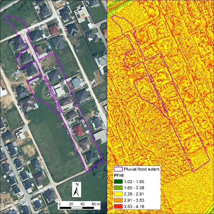 Figure 17. Reconstructed flood extent after pluvial flood from 16 June 2024 and the resulting PFHI values.