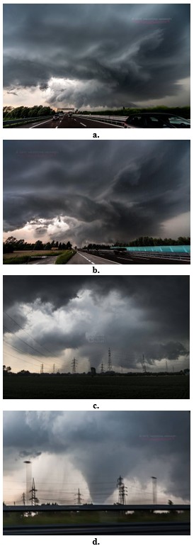 Figure 12 (a-d). Supercell thunderstorm with a visible mesocyclone and associated cloud features, including a Cb arcus, wall cloud, beaver tail cloud, and funnel cloud.
