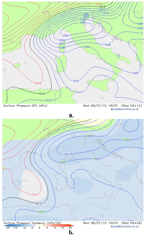 Figure 2. Surface pressure (hPa) and surface pressure tendency (hPa/3 h) over the broader Apennine region on 8 July 2015, shown for 18 UTC (a) and 15 UTC (b).