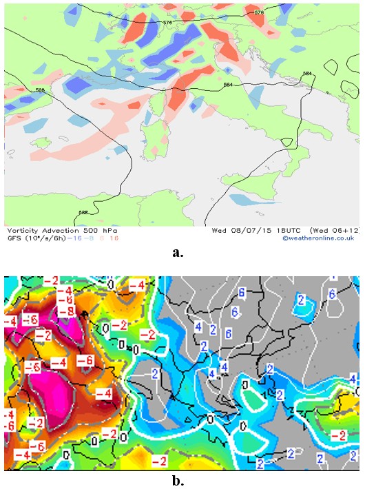 Figure 3. Vorticity advection at 500 hPa (a) and MLCAPE (b) over the broader Apennine region on 8 July 2015 at 18 UTC.