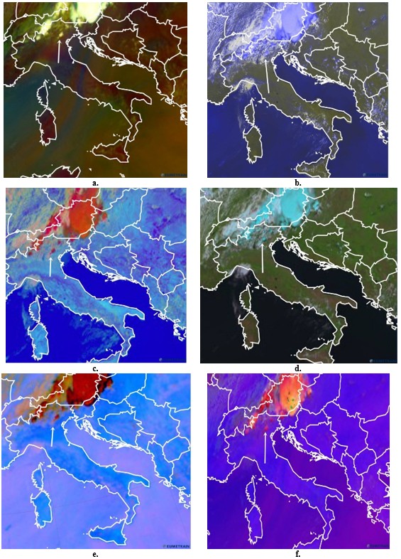 Figure 7. Airmass, Dust, HRVIS, Natural Colour, and Severe Storm RGB composites (R = WV6.2 – WV7.3; G = IR9.7 – IR10.8; B = WV6.2) over the broader Apennine Peninsula, with a white arrow indicating the position of the supercellular storm system, at 12 UTC on 8 July 2015.