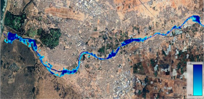 Figure 6. Simulated flood water depth distribution in the Lower Souss Valley for the 100-year return period event, highlighting the most affected low-lying areas.