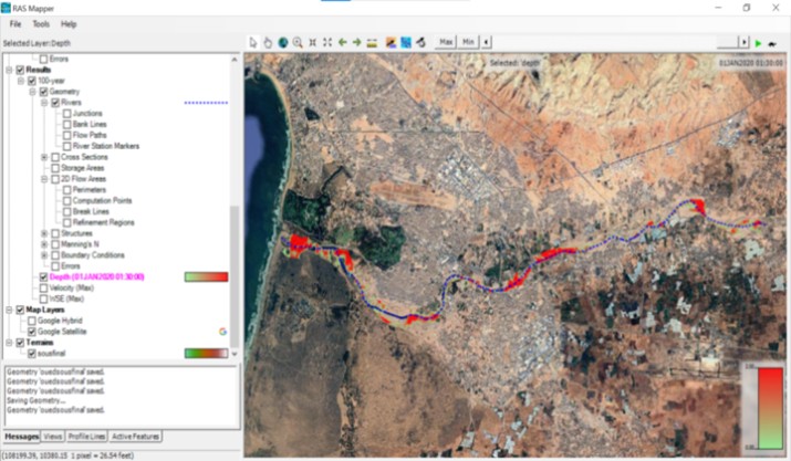 Figure 7-a. Spatial distribution of flood-prone zones across the Lower Souss Valley derived from HEC-RAS 2D hydraulic modeling integrated with GIS-based analysis.