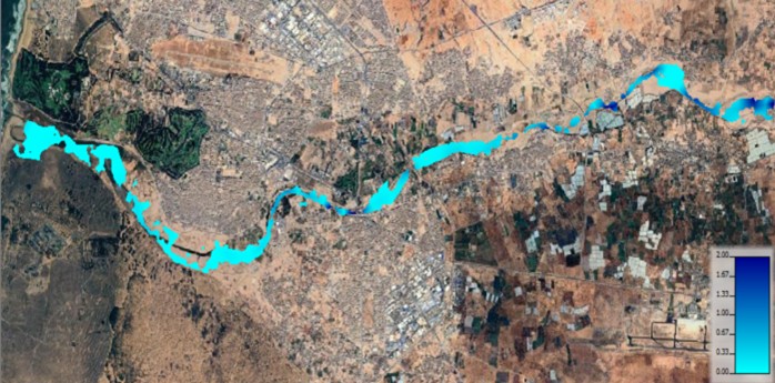 Figure 8. Simulated flow velocity in the river section of the Lower Souss Valley under the 100-year return period flood scenario.