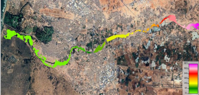 Figure 9. Simulated water surface elevation in the Lower Souss Valley during the 100-year return period flood event, derived from HEC-RAS hydraulic modeling.