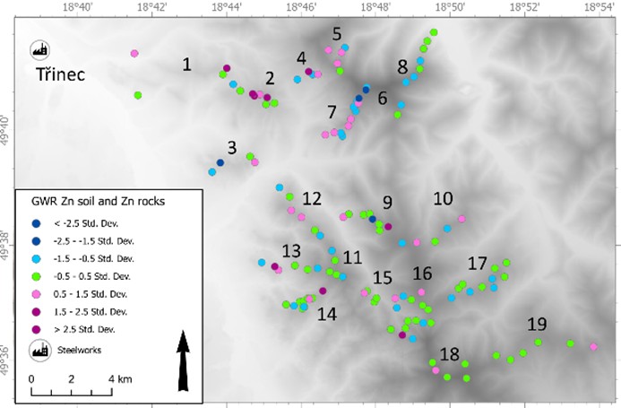 Figure 4. GWR of Zn in soils and Zn in rocks in the study area. Magenta/purple shades indicate soil Zn enrichment relative to rocks that can be associated with emission contamination.