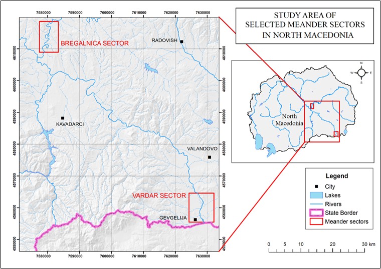 Figure 1. Map of selected meanders of the rivers Bregalnica and Vardar, North Macedonia.