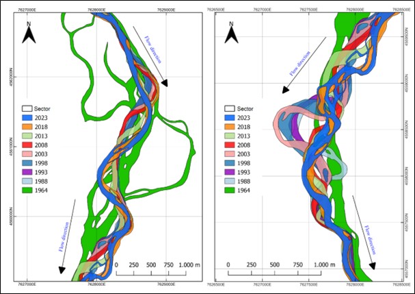 Figure 11. Two most prominent bends of the Vardar River meander section, period 1964-2023 year.