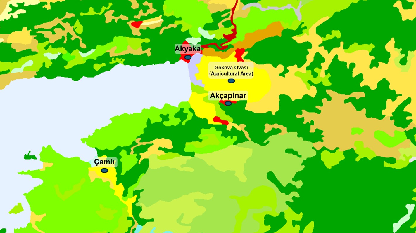 Figure 2: Land use map of the G&ouml;kova watershed and surrounding region. The extensive yellow and orange areas represent the intensive agricultural lands in the basin, directly adjacent to the marine environment where the sediment samples were collected.