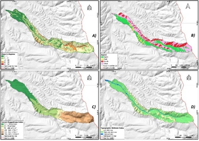 Figure 3. Morphometric maps of the study area: slope A); aspect B); TRI C); and TWI D).