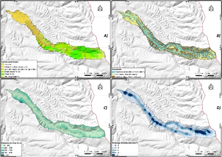 Figure 5. CLC according to Copernicus Land Monitoring Service, 2018 A); curvature B); distance to river C); and drainage density map D).