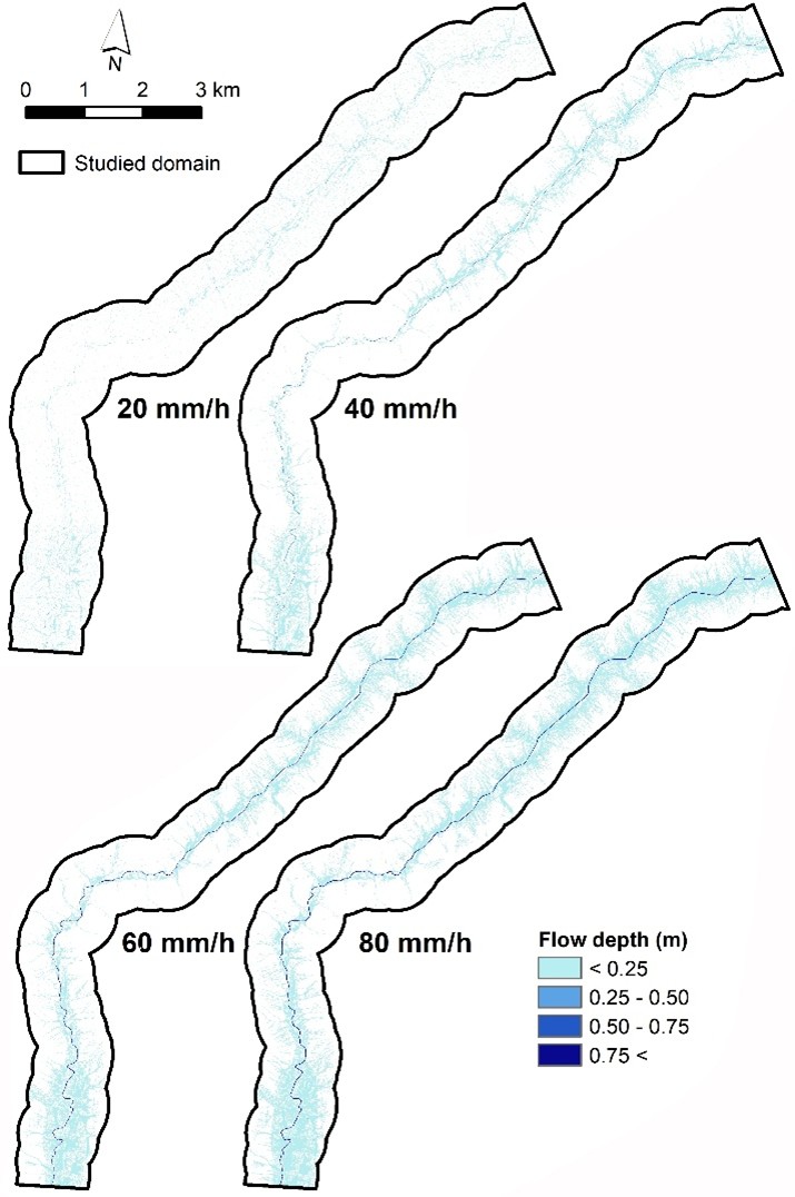 Figure 7. Predicted flow depths by the XGB model for the studied rainfall scenarios, assembled from held-out predictions across the ten spatial cross-validation folds.