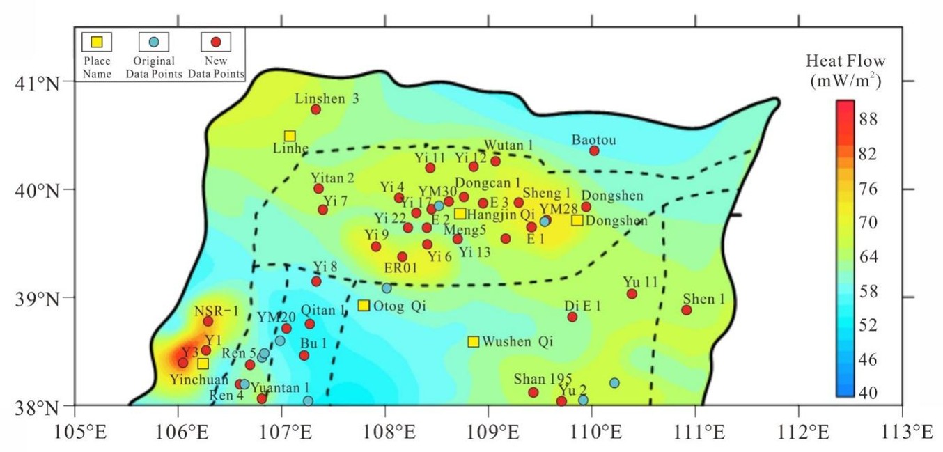 Figure 6. Terrestrial Heat Flow Contour Map of the Yimeng Uplift and adjacent areas.