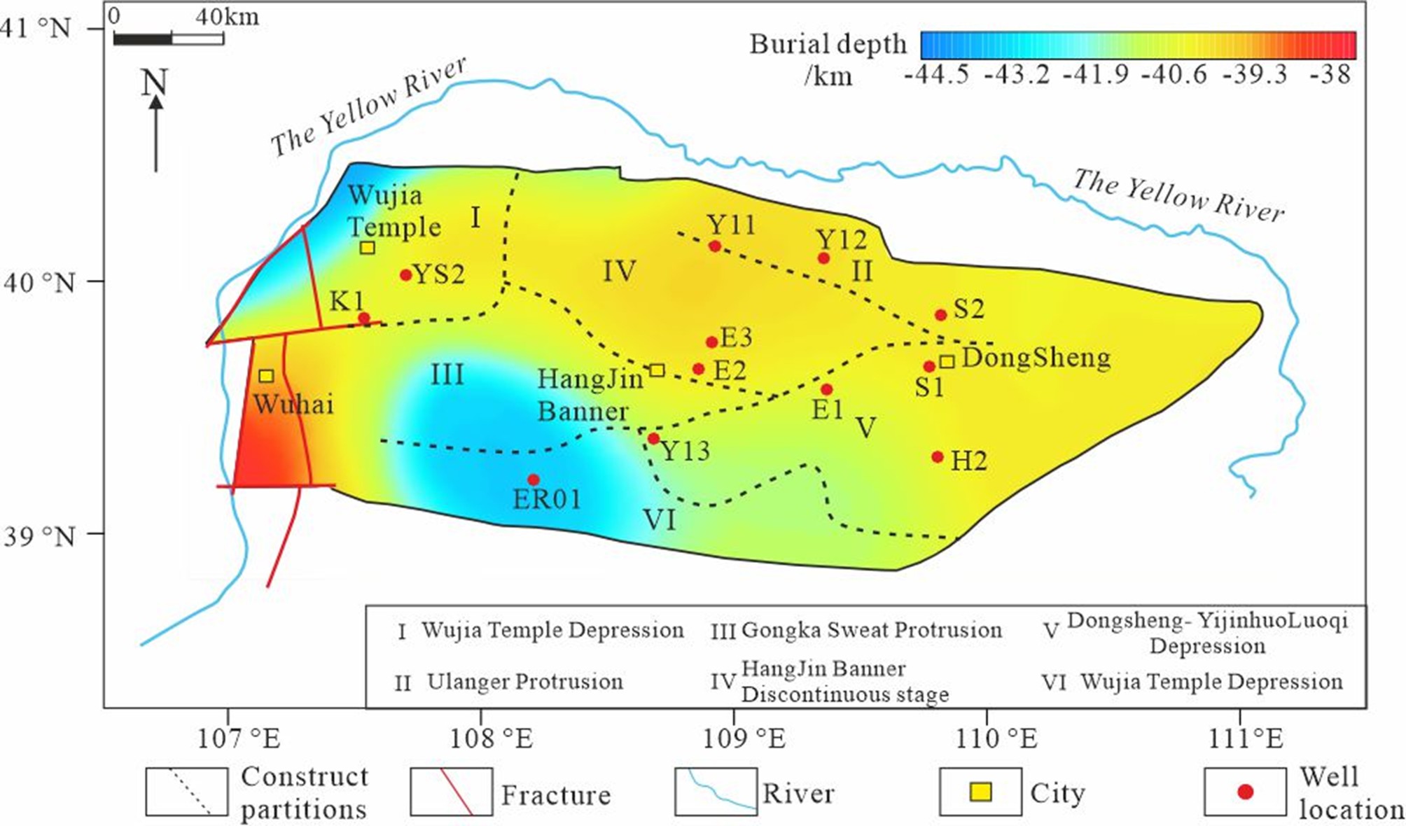 Figure 8. Distribution of burial depth of Moho discontinuity in Yimeng uplift.