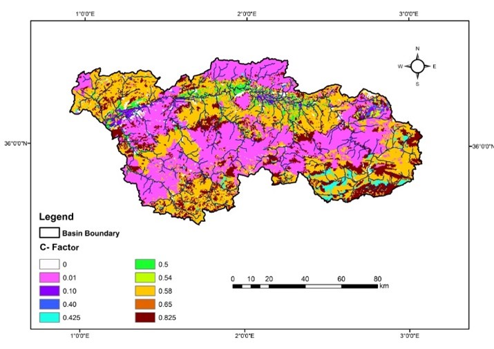 Figure 7. C factor distribution map in the Upper and Middle Cheliff watershed.