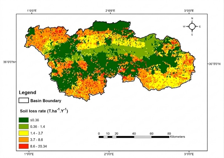 Figure 9. Soil loss rates and erosion risk map in the Upper and Middle Cheliff watershed.