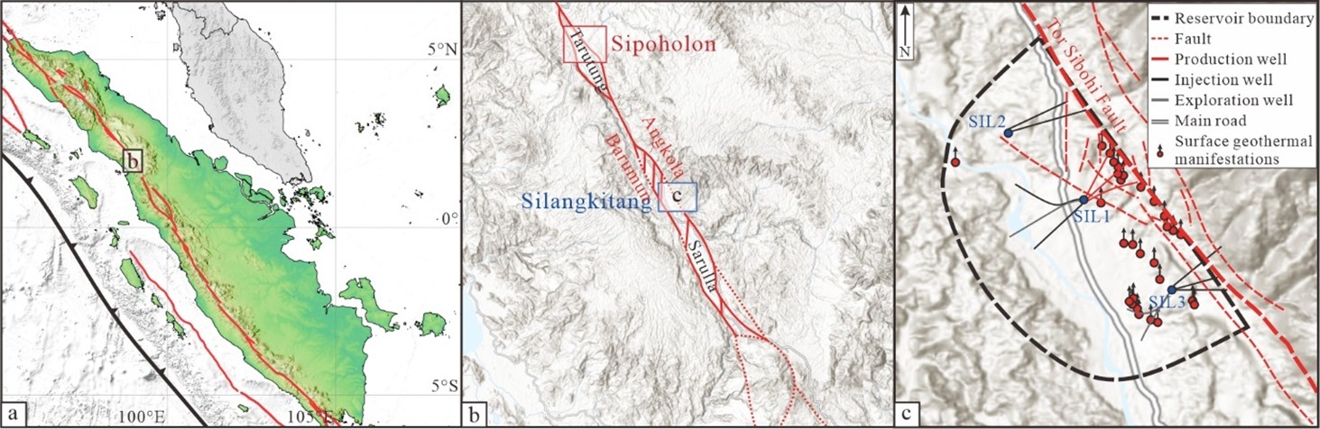 Figure 4. Location and structural map of the Sipoholon and Silangkitang geothermal fields. (a) Background of the Great Sumatran Fault zone; (b) Subsidiary faults of the Sipoholon and Silangkitang geothermal fields (Abiyudo et al., 2021); (c) Well locations, thermal manifestations, and reservoir boundaries (Satya et al., 2021).