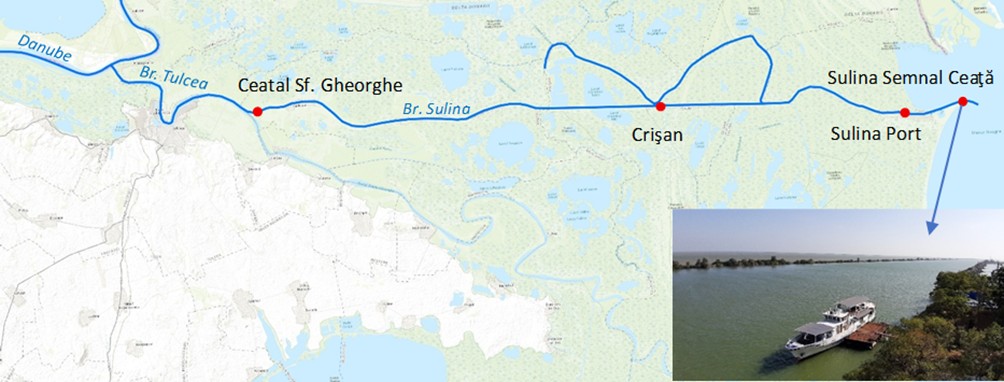 Figure 2. Location of the hydrometric stations on the Sulina branch (red points) and the extended dikes of Sulina Branch into the Black Sea (photo by the author, 2024).