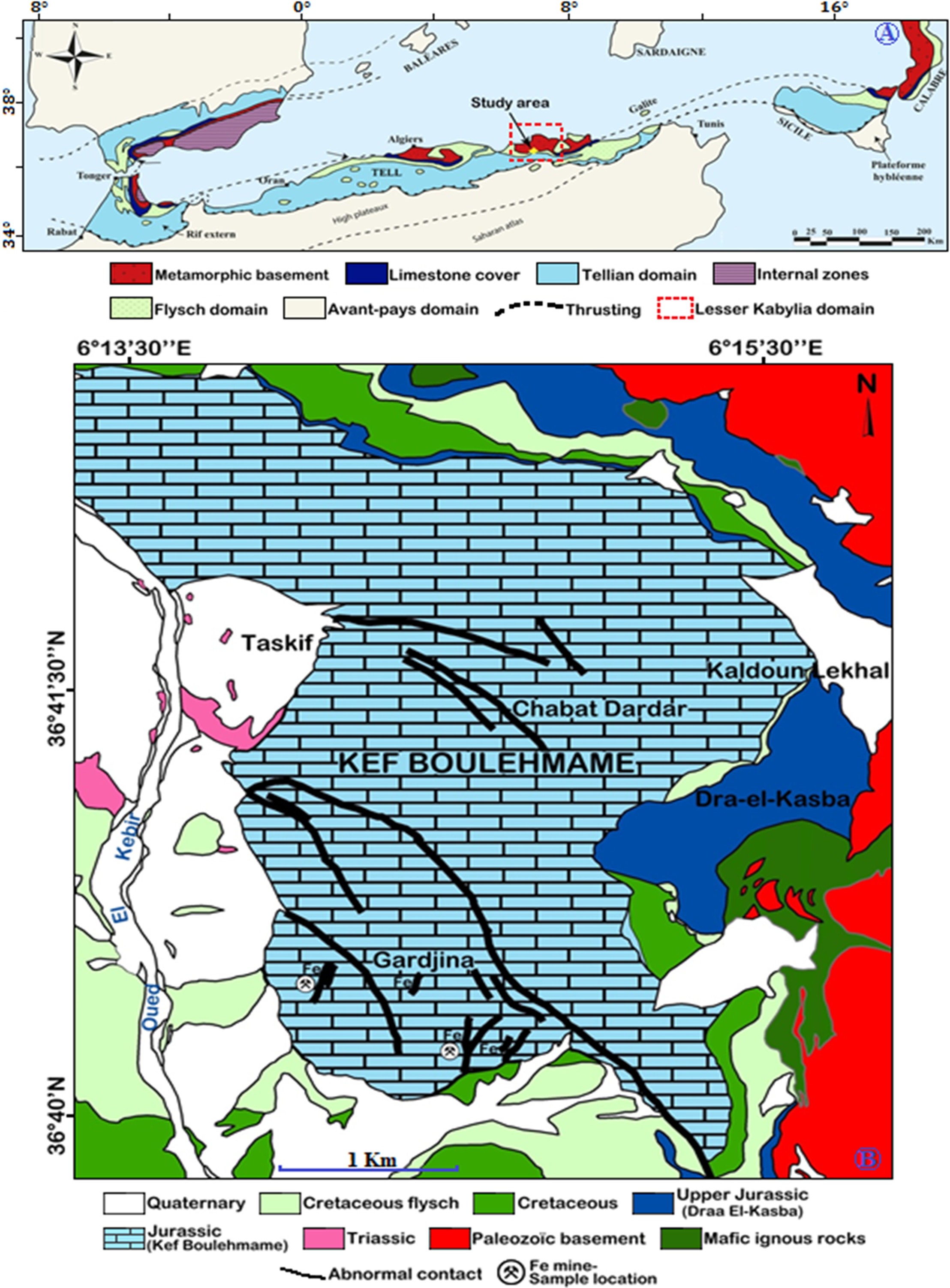 Figure 1. (a) Simplified structural map of the Alpine orogen showing the location of the study area (Durand-Delga et al., 2000, modified); (b) Schematic geological map of Kef Boulehmame and its immediate surroundings (Durand-Delga, 1969, modified).